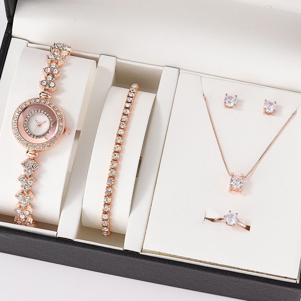 6PCS Set Luxury Watch Women Ring Necklace Earrings Rhinestone Fashion Wristwatch Female Casual Ladies Watches Bracelet Set Clock - Executive-Skincare