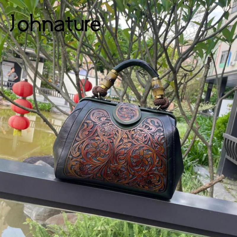 Johnature Luxury Handbag 2022 Autumn New Vintage Handmade Leather Carved Women Bag Versatile Female Shoulder &amp; Crossbody Bags - Executive-Skincare