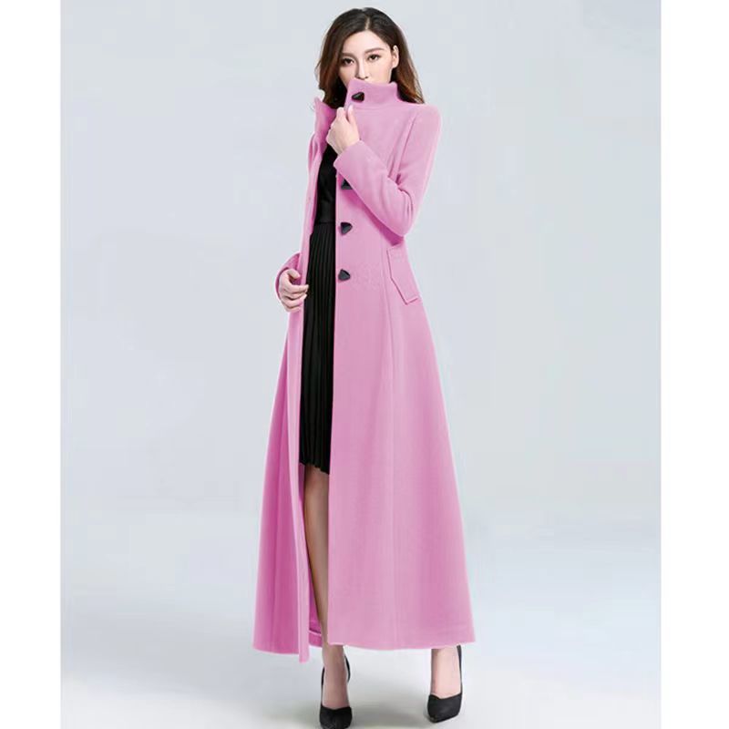 2021 Autumn And Winter Women&#39;s New Super Long Stand Collar Slim Waist Fashion Temperament Retro Triangle Buckle Woolen Coat - Executive-Skincare