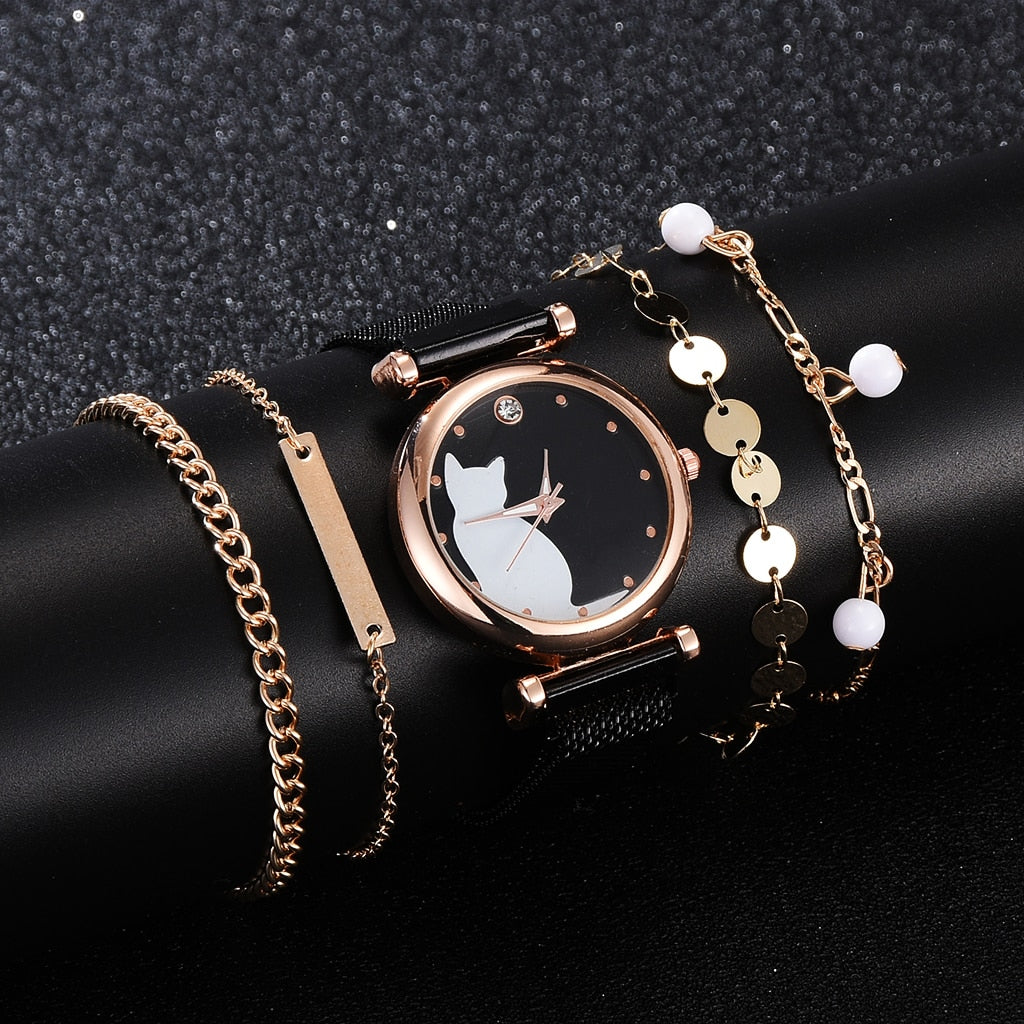 Fashion Watch Set Women 5pcs Quartz Wristwatch Mesh Bracelet Cat Dial Luxury Woman Watch Casual Ladies Clock Relogio Femenino - Executive-Skincare