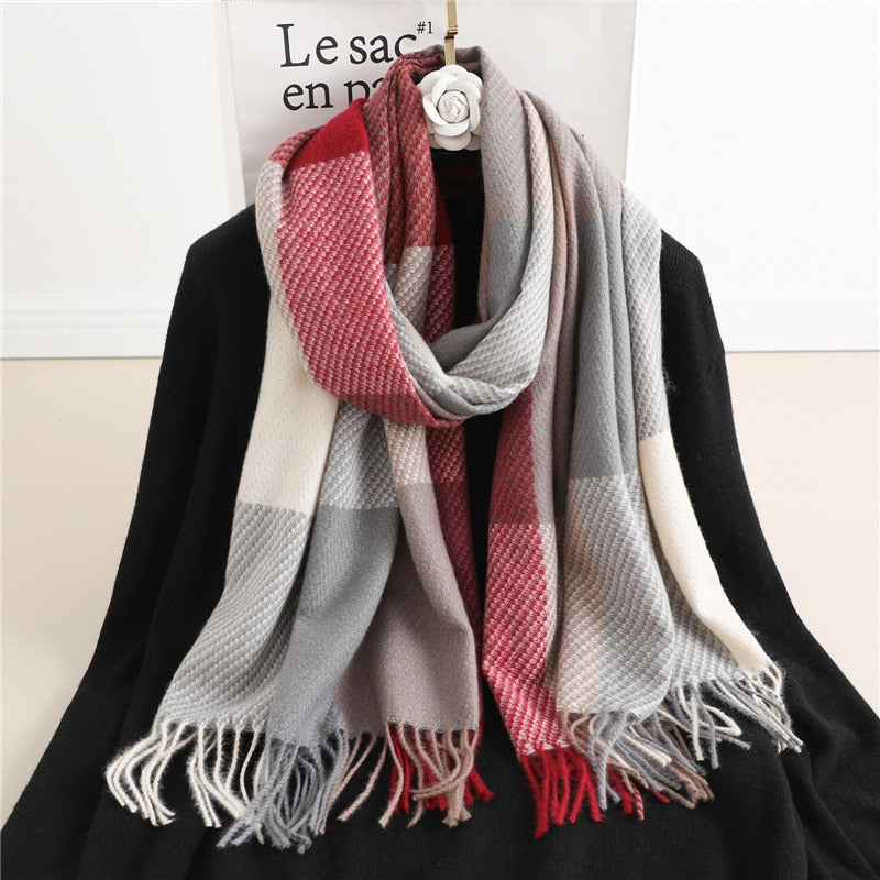 Luxury Plaid Scarf Winter Warm Cashmere Women Long Pashmina Foulard Female Scarves Lady Tassel Shawl Wraps 2022 Design New - Executive-Skincare