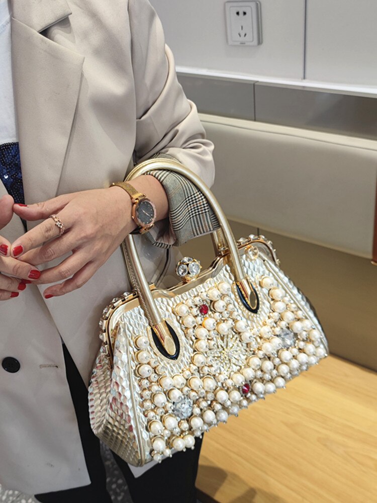 Luxury Fashion Brand Pearl Women&#39;s Handbag 2022 New Leather Diamond Shoudler Crossbody Evening Bag Portable Rhinestone Lock Bags - Executive-Skincare