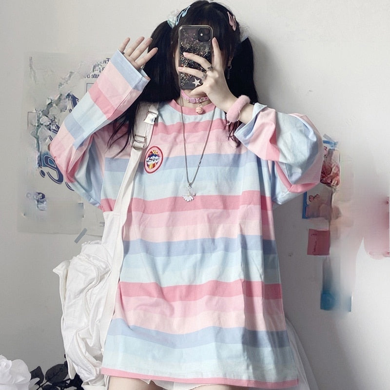 harajuku Long Sleeve T Shirt girl Christmas Topspring autumn embroidery stripe Tops Tees Women full Sleeve T-shirt Casual Female - Executive-Skincare