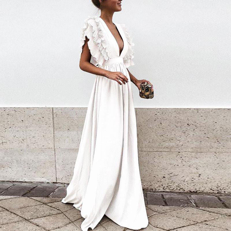 Formal Party  Dress Women Deep V-Neck Long Dress Elegant Flying Sleeves Backless Maxi Evening Dresses Robe De Soiree - Executive-Skincare