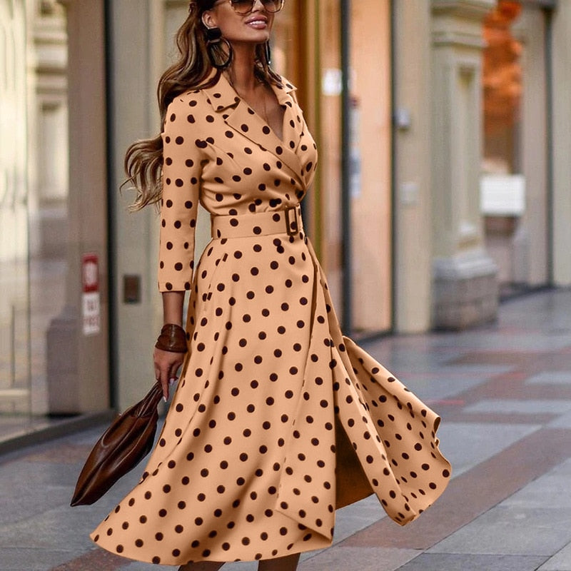 2022 Y2K Spring Autumn Women&#39;s Elegant Dress Fashion V-Neck Polka Dot Print Three-Quarter Sleeve Lace-Up Slit Midi Dress Vestido - Executive-Skincare