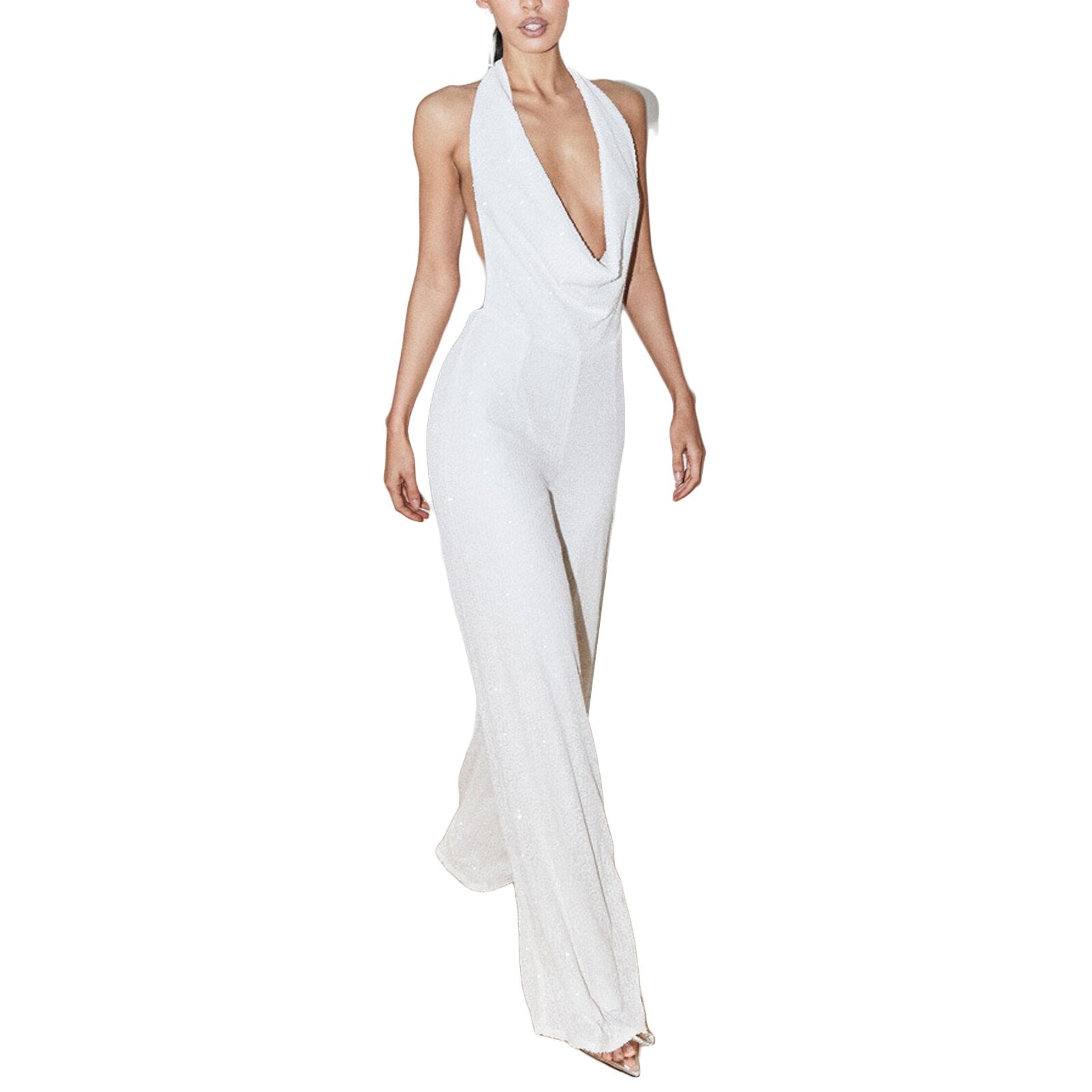 2023 Summer Women Sleeveless Romper Sexy Hanging Neck Low Cut Neckline Backless Bandage Solid Color Casual Party White Jumpsuits - Executive Quality Store