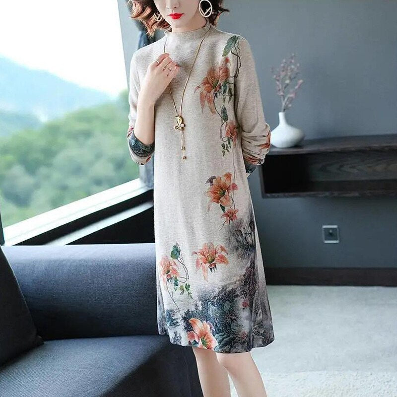 Vintage Elegant Floral Print Half High Collar Long Sleeve Ladies Dresses Autumn Women Fashion Loose Pullover Midi Dress Vestidos - Executive-Skincare