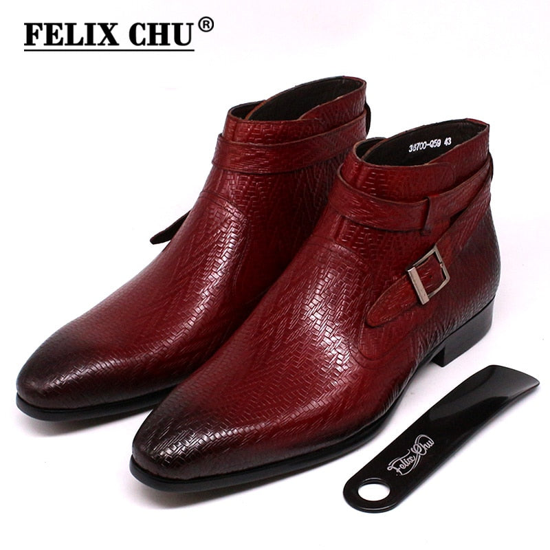 Handmade Men Ankle Boots Felix Chu Genuine Leather Mens Motorcycle Boots Black Red Buckle Strap High Top Dress Shoes for Men - Executive-Skincare