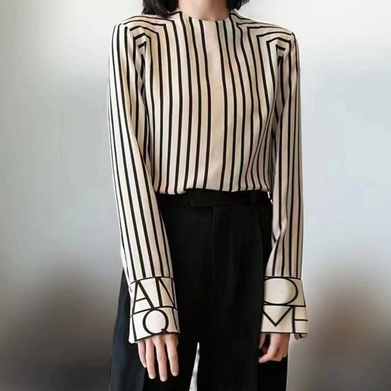 Fashion Women Blouses 2022 New Spring Autumn Striped Printing Office Lady Round Neck Slim Long Sleeve All-match Chiffon Shirt - Executive Quality Store