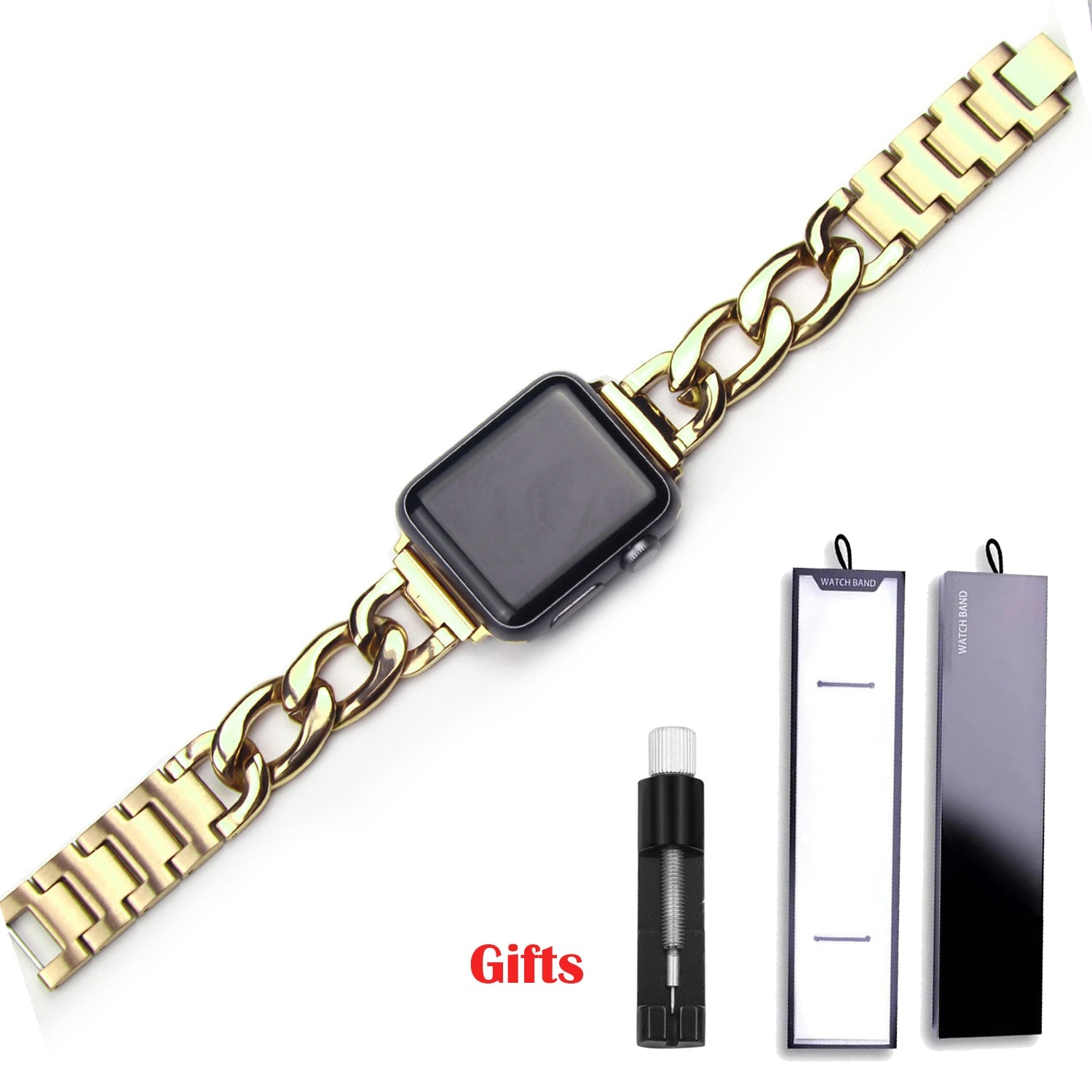 Denim chain Strap Stainless Steel Band for Apple Watch 8 6 SE 5 4 40mm 44mm Watchband Bracelet for Iwatch Series 7 6 5 4 3 38 42 - Executive-Skincare