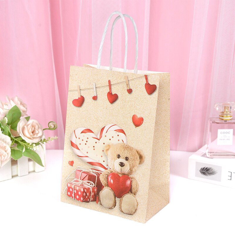 5pcs Love Heart Bear Kraft Paper Bags Valentines Day Gift Packaging Anniversary Wedding Cookie Candy Bag Birthday Party Supplies - Executive-Skincare