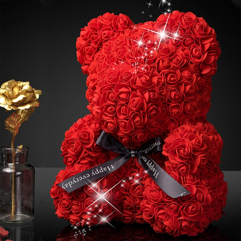 Rose Bear 25cm Artificial Flowers Rose Bear With Light Gift Box Girlfriend Anniversary Christmas Valentines Gift For Wedding - Executive-Skincare