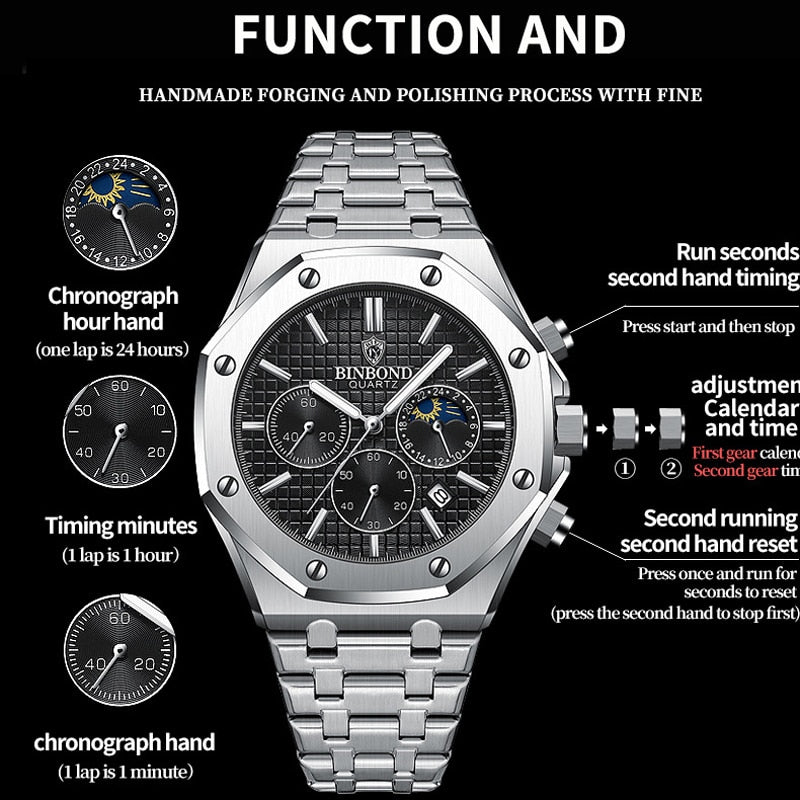 Binbond Wrist Watches For Men With Free Shipping Stainless Steel Waterproof Chronograph Male Wristwatches Relogio Masculino 2022 - Executive-Skincare