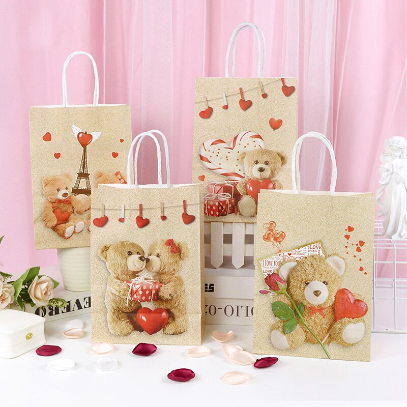 5pcs Love Heart Bear Kraft Paper Bags Valentines Day Gift Packaging Anniversary Wedding Cookie Candy Bag Birthday Party Supplies - Executive-Skincare