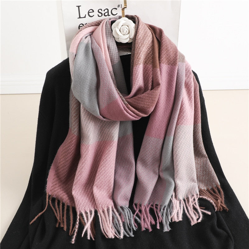 Luxury Plaid Scarf Winter Warm Cashmere Women Long Pashmina Foulard Female Scarves Lady Tassel Shawl Wraps 2022 Design New - Executive-Skincare