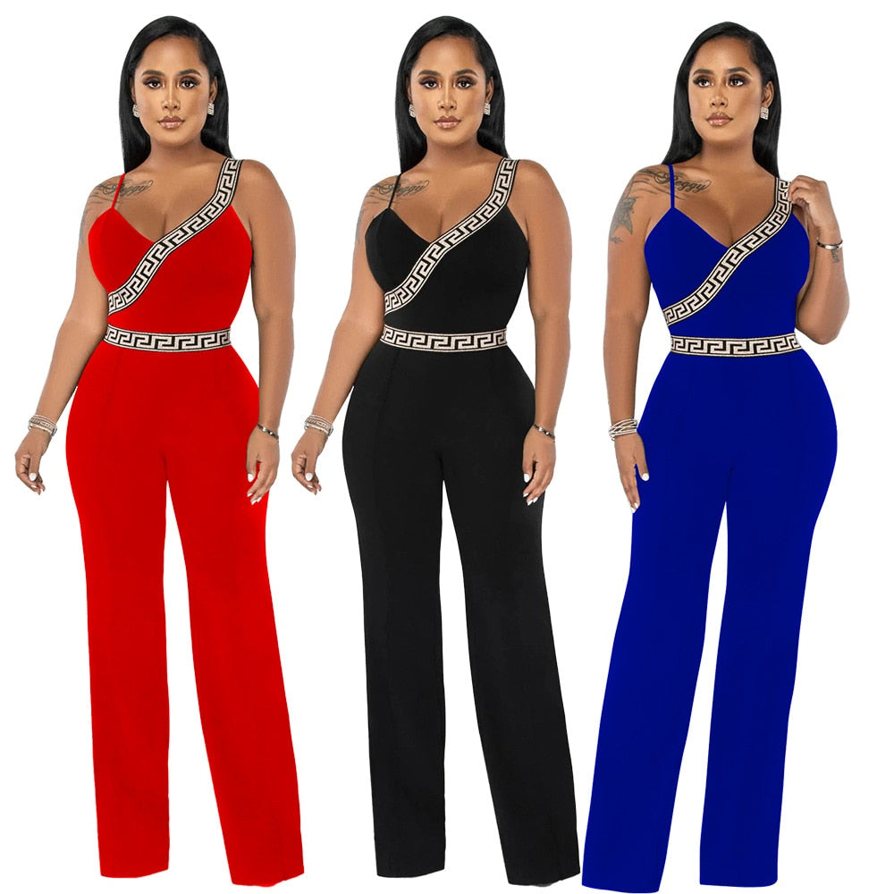 Spring Summer Fashion Jumpsuit Women&#39;s Printed Sexy V-Neck Sling High Waist Straight Pants Elegant Commuter Jumpsuit Women - Executive Quality Store