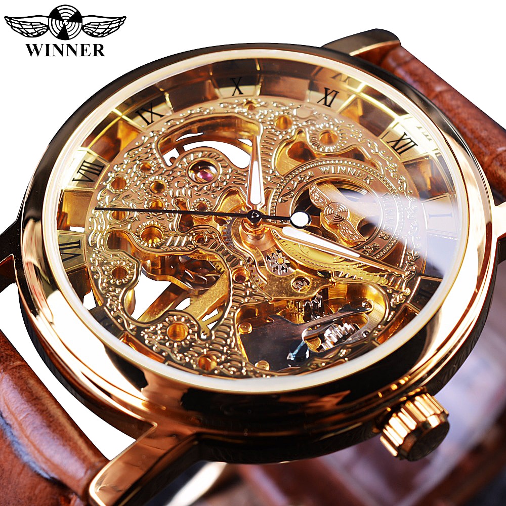 Winner Transparent Golden Case Luxury Casual Design Brown Leather Strap Mens Watches Top Brand Luxury Mechanical Skeleton Watch - Executive-Skincare