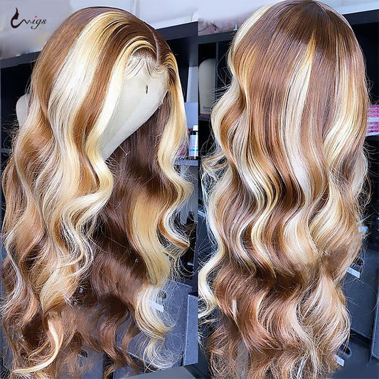 Blonde Lace Front Wig Human Hair Wigs for Women Blonde Balayage Highlight Colored Human Hair Wigs Ombre Body Wave Lace Front Wig - Executive-Skincare