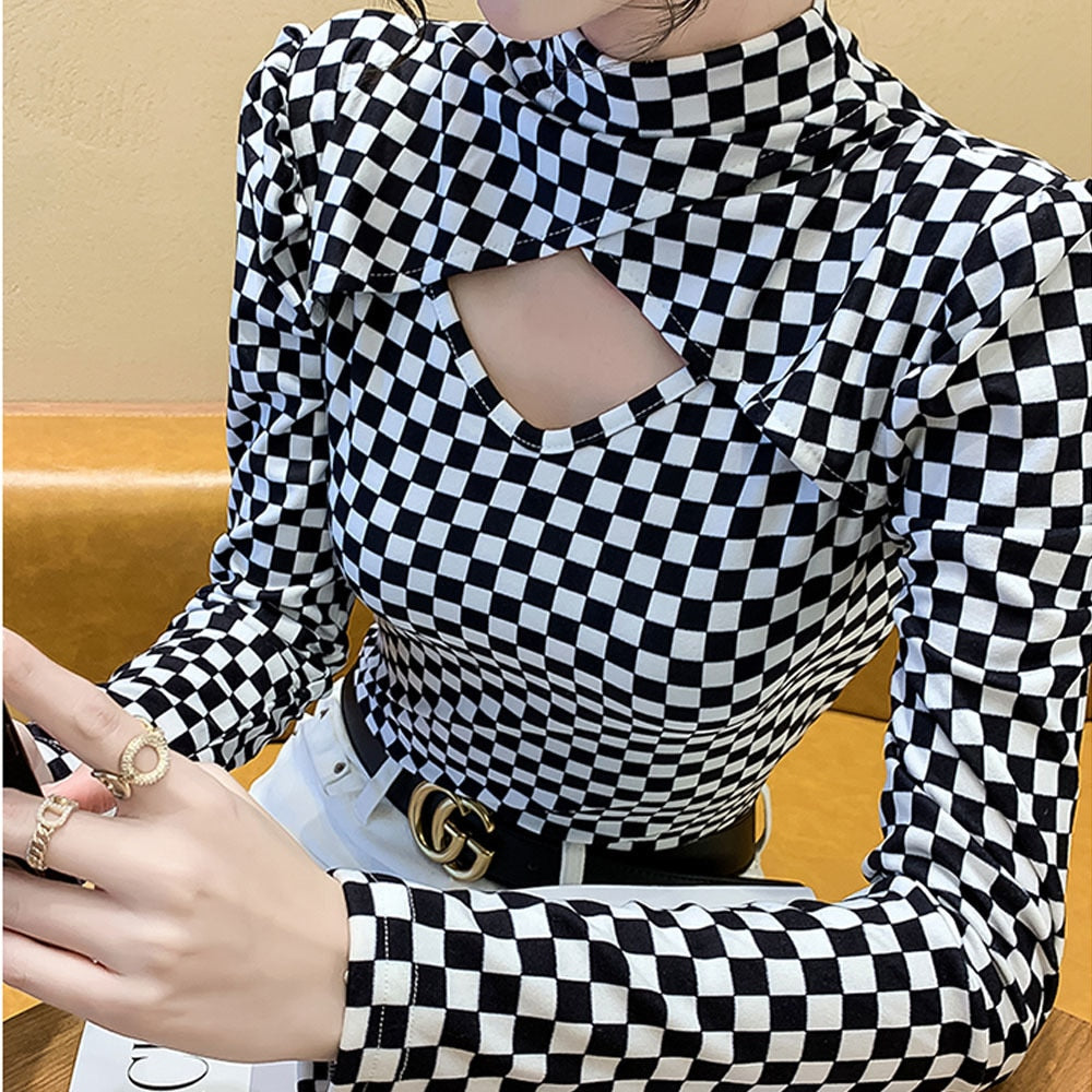 Fashion Checkerboard  High Neck Sexy Hollow out Tops Slim Spring Women Cotton T shirt - Executive Quality Store