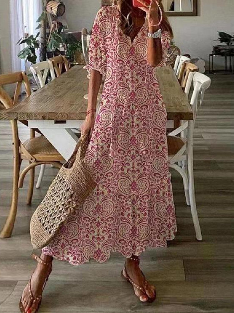 White Maxi Summer Dress Elegant Short Sleeve Hollow Out Bohemian Dresses for Women Loose Fit V Neck Loose Sundress Vestidos - Executive-Skincare