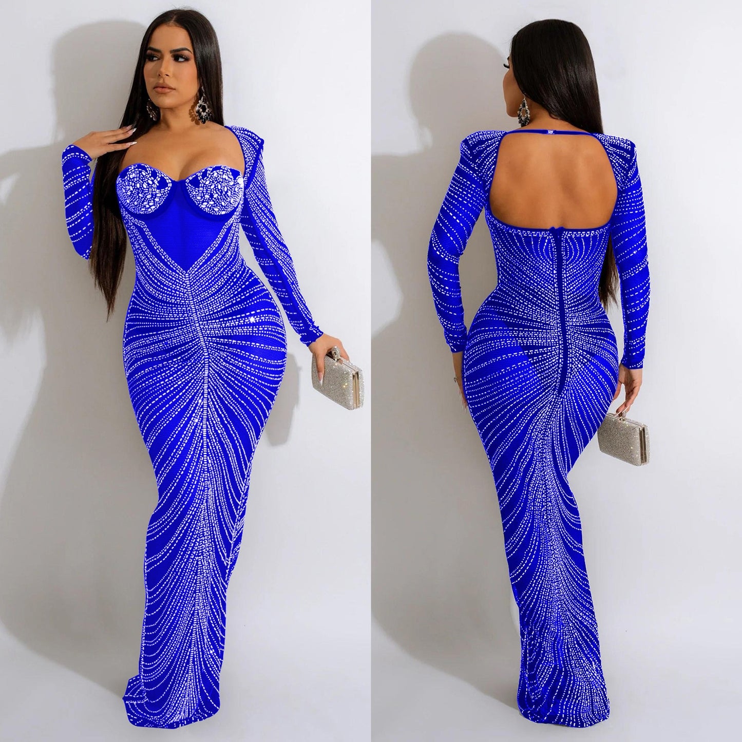 Diamonds Sheer Mesh Maxi Party Dress Women Strapless Backless Long Sleeve Bodycon Long Clubwear Robe Female Birthday Gifts - Executive-Skincare