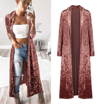 Long Velvet Kimono Cardigan Windbreaker Women Jacket Pure Color  Fashion Long Sleeve Casual Ladies Long Jacket 2021 - Executive-Skincare