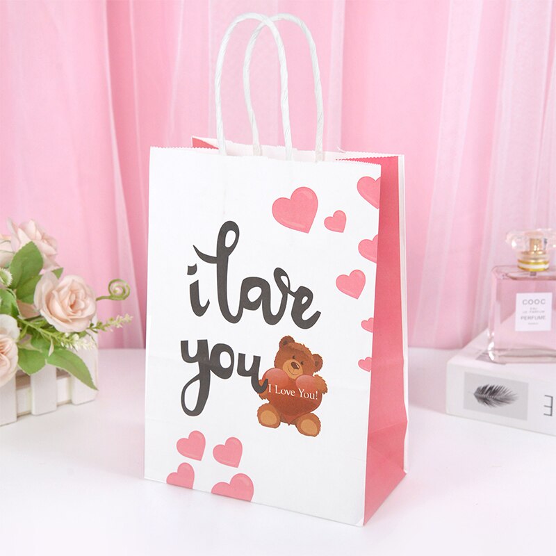 5pcs Love Heart Bear Kraft Paper Bags Valentines Day Gift Packaging Anniversary Wedding Cookie Candy Bag Birthday Party Supplies - Executive-Skincare