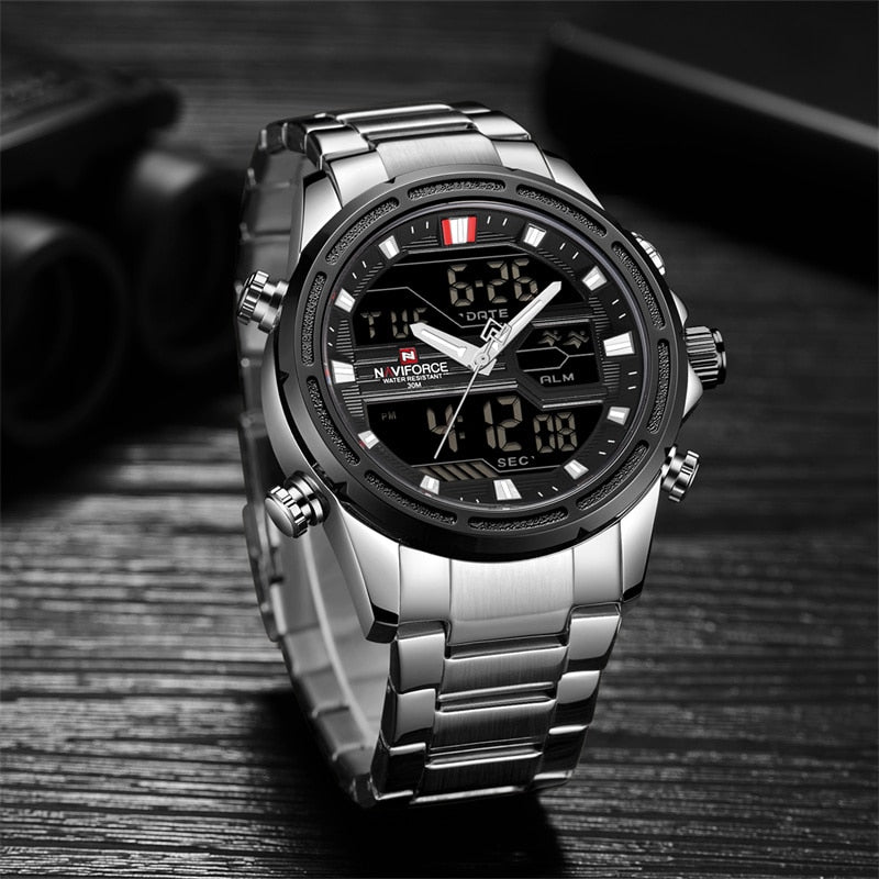 NAVIFORCE Watches for Men Luxury Brand Digital Chronograph Sport Quartz Wristwatch Waterproof Military Steel Band Luminous Clock - Executive-Skincare