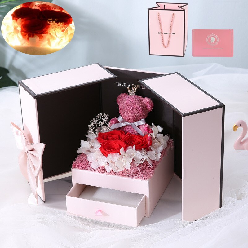 Luminous Preserved Flower Box Light Up Rose Bear Gift Box Artificial Flower Valentines Day Birthday Anniversary Girlfriend Gift - Executive-Skincare