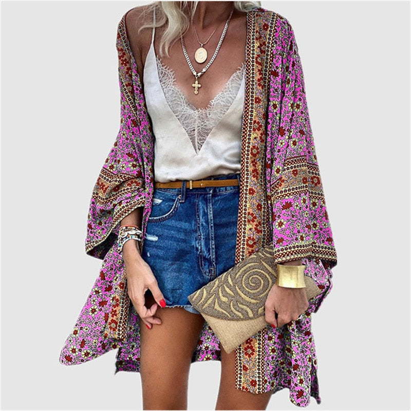 Summer Floral Printed Beach Cover Up Tops Bohemian Kimono Women Long Sleeve Cardigan Casual Loose Holiday Blouse Shirt Cover Up - Executive-Skincare