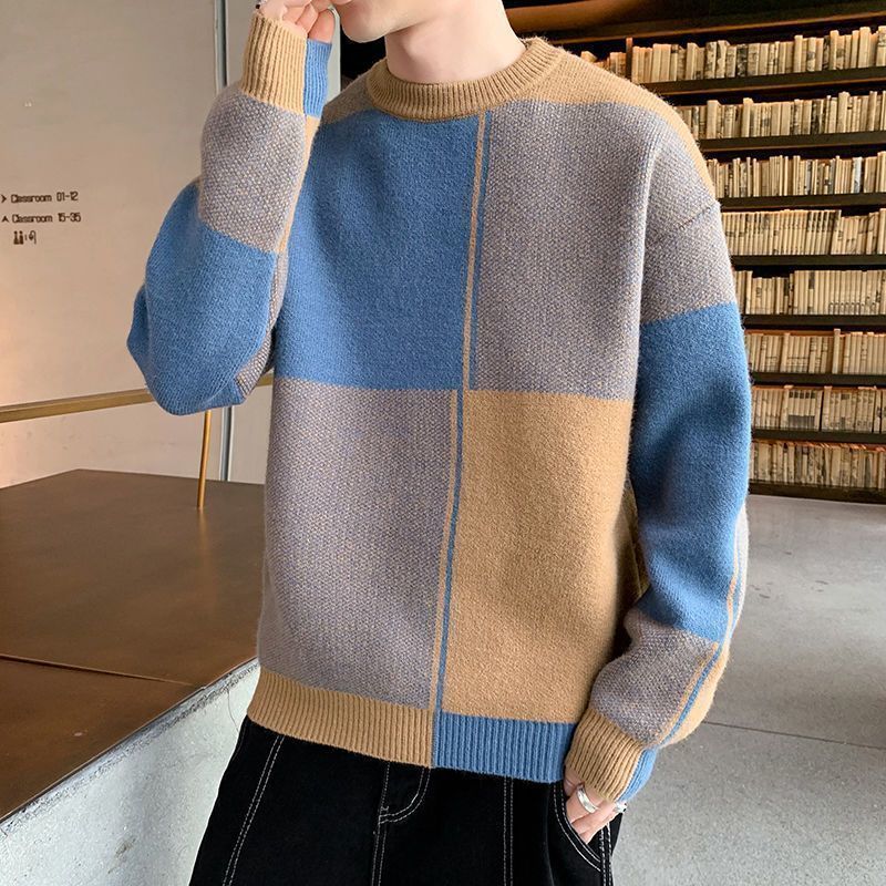 Autumn Winter New Fashion Temperament Patchwork Korean Sweaters Man Casual Loose Y2K Chic Male Tops Knitting Pullover Streetwear - Executive-Skincare