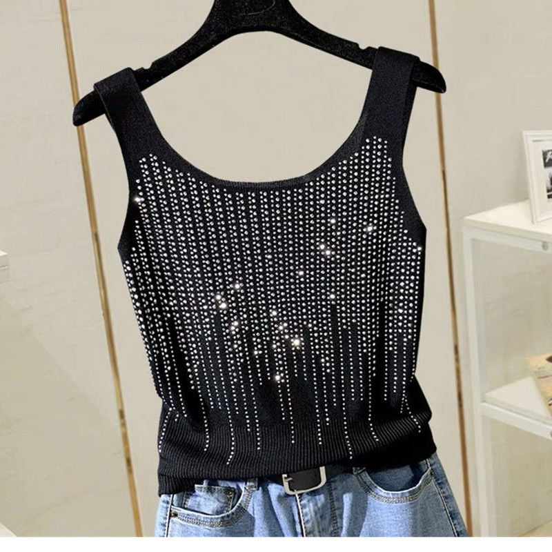 Small Women Summer Heavy Industry Hot Drill Vest Thin Ice Silk Knitted Bottomed Y2k Fashion Crop Tops Slim Mini Tank Tops - Executive-Skincare