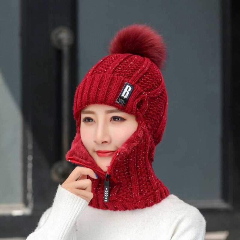 Women Wool Knitted Hat Ski Hat Sets Windproof Winter Outdoor Knit Thick Siamese Scarf Collar Warm Keep Face Warmer Beanies Hat - Executive-Skincare