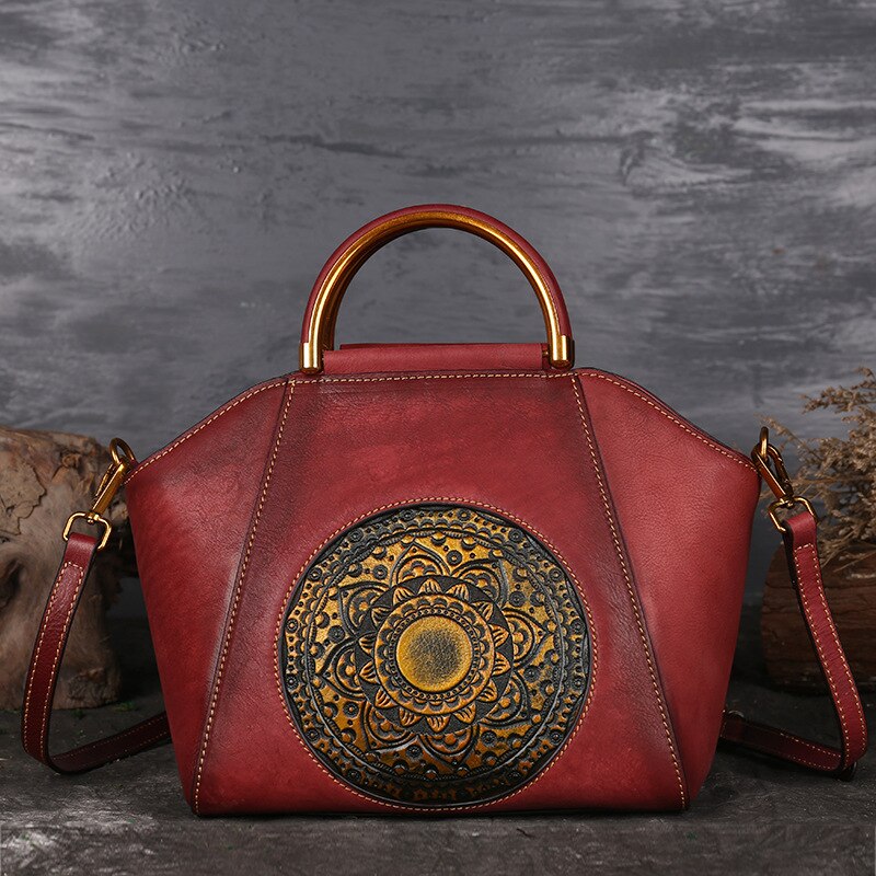 Genuine Embossed Leather Messenger Top Handle Bag Retro Handbag Totem Pattern High Quality Natural Skin Women Shoulder Tote Bags - Executive-Skincare