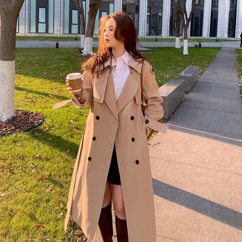 Trench Coats Women Autumn Winter New Korean Classic Double Breasted University Style Loose Medium Length Female Clothing Tops - Executive-Skincare