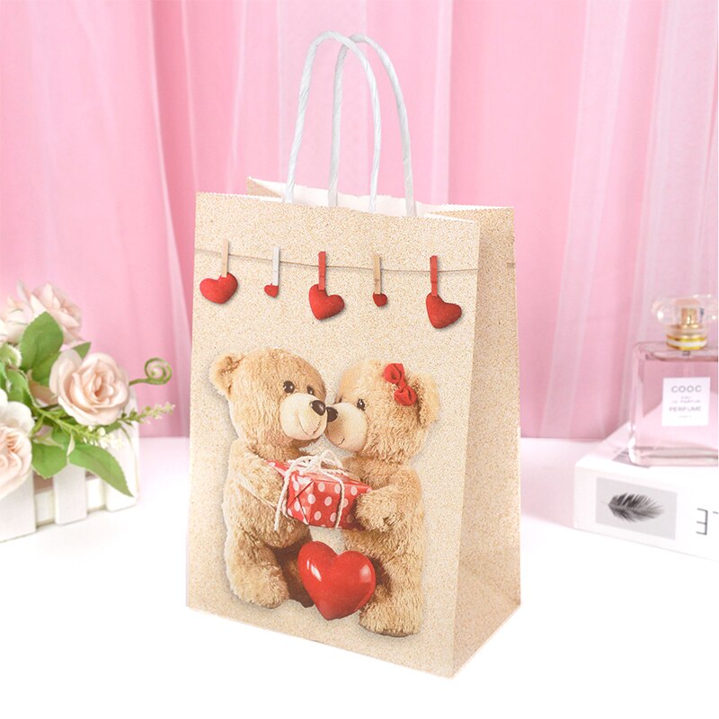 5pcs Love Heart Bear Kraft Paper Bags Valentines Day Gift Packaging Anniversary Wedding Cookie Candy Bag Birthday Party Supplies - Executive-Skincare