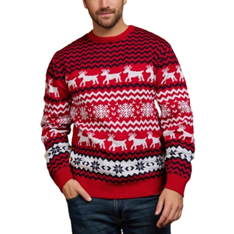 Women Men Christmas Sweater Reindeer Jacquard Knitwear Casual O-Neck Jumpers Top - Executive-Skincare