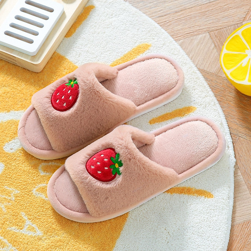 Winter Fur House Women Slippers Cute Cartoon Fruit Avocado Strawberry Bedroom Couples Shoes Warm Plush Ladies Furry Slides - Executive-Skincare