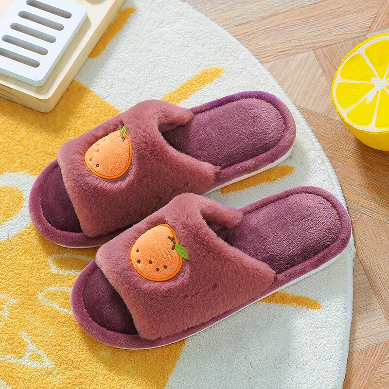 Winter Fur House Women Slippers Cute Cartoon Fruit Avocado Strawberry Bedroom Couples Shoes Warm Plush Ladies Furry Slides - Executive-Skincare