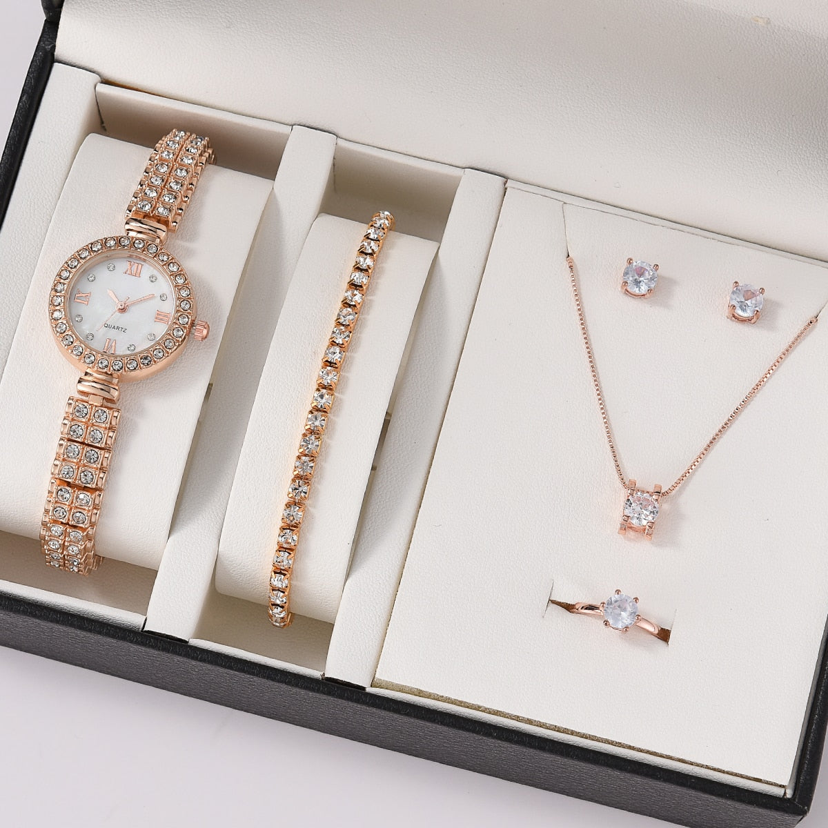 6PCS Set Luxury Watch Women Ring Necklace Earrings Rhinestone Fashion Wristwatch Female Casual Ladies Watches Bracelet Set Clock - Executive-Skincare