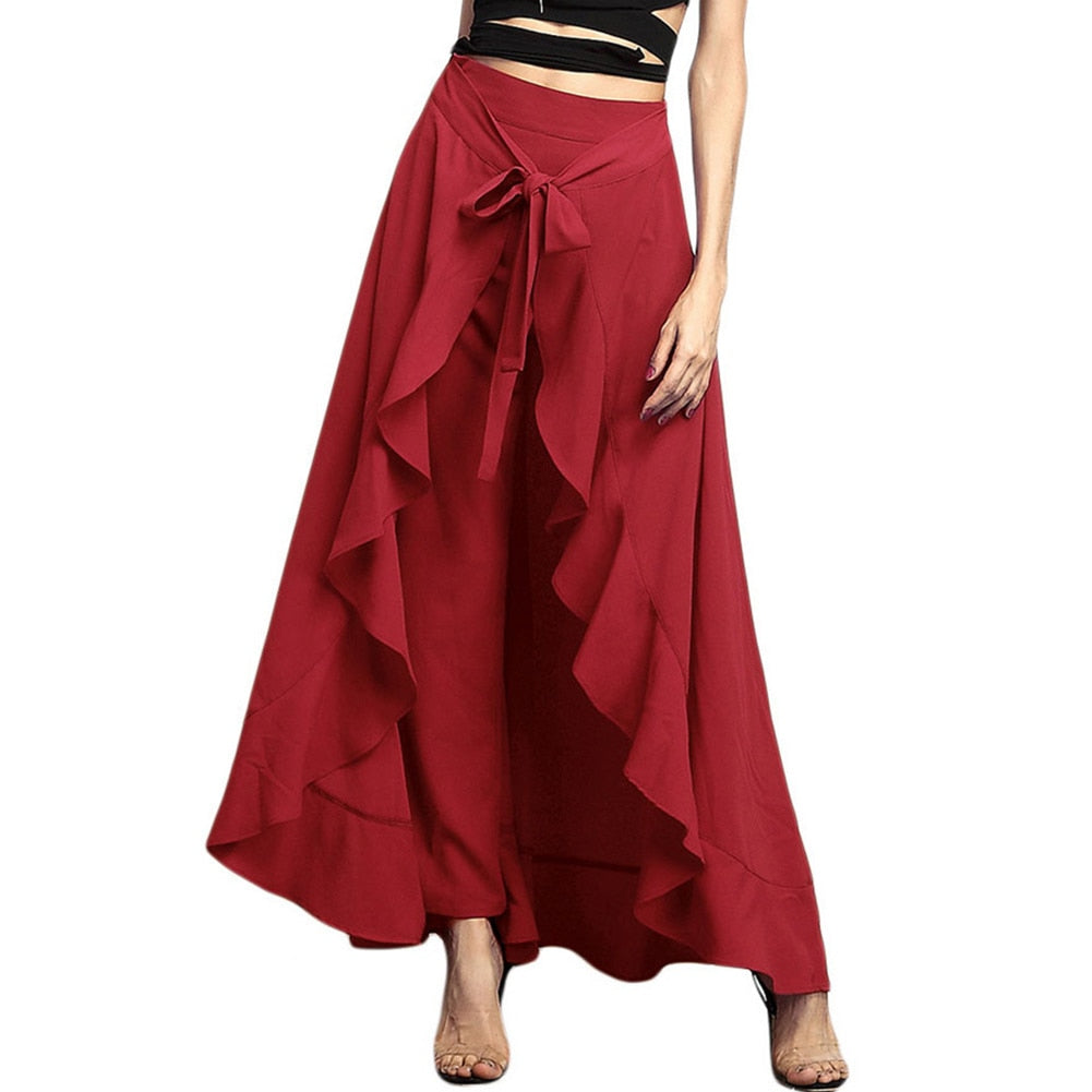 Women Palazzo Pants  Causal Ruffle Drawstring Trouser Elegant High Waist Irregular Loose Pure Color Autumn Female Pant Skirt - Executive Quality Store