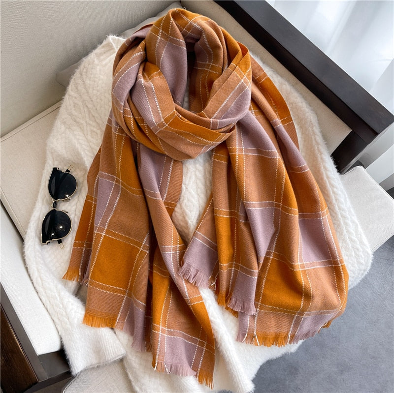 Luxury Plaid Scarf Winter Warm Cashmere Women Long Pashmina Foulard Female Scarves Lady Tassel Shawl Wraps 2022 Design New - Executive-Skincare