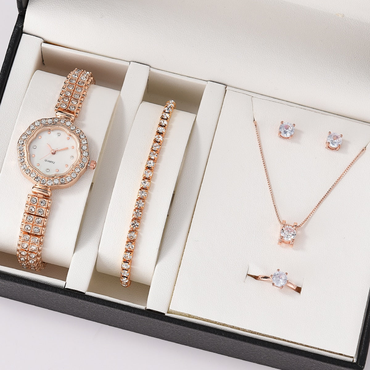 6PCS Set Luxury Watch Women Ring Necklace Earrings Rhinestone Fashion Wristwatch Female Casual Ladies Watches Bracelet Set Clock - Executive-Skincare