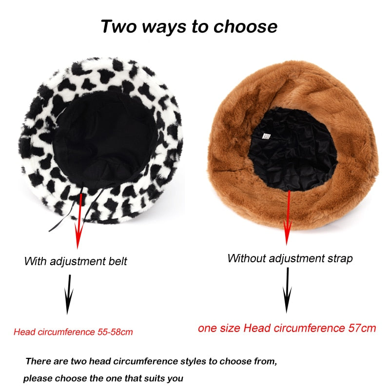 Winter Cow Leopard Faux Fur Fluffy Bucket Hats Women Outdoor Warm Sun Hat Soft Velvet Furry Fisherman Cap Girl Fashion Panama - Executive-Skincare