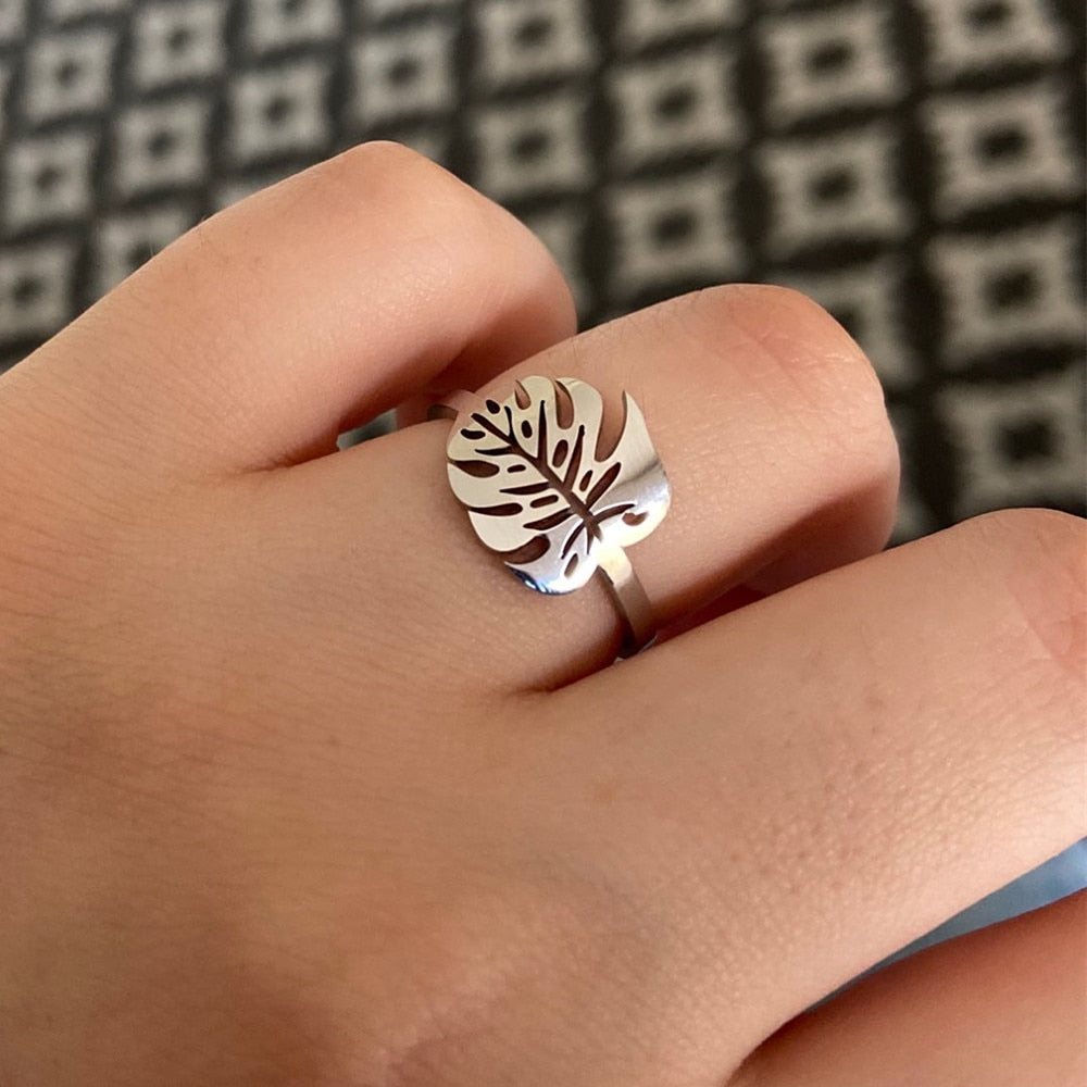 Tropical Leaf Ring Greenery Jewelry Gold Plated Palm Leaf Rings For Women Ring Stainless Steel Anillos Hombre Hawaiian Gift - Executive-Skincare