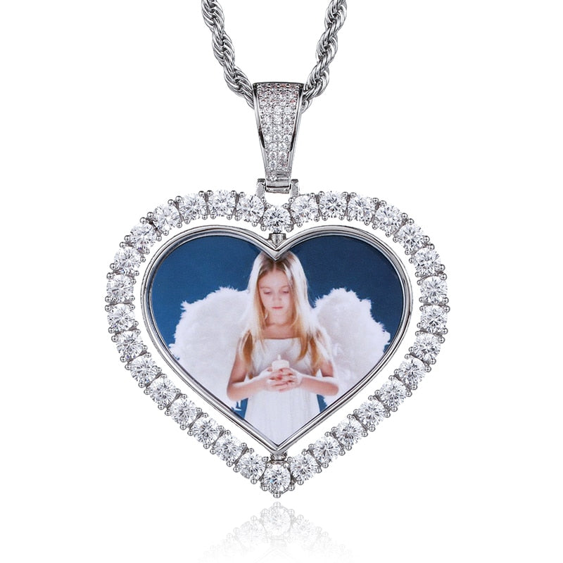 D&amp;Z Custom Made Photo Rotating Heart Shape Double-sided Pendant Necklace 4mm Tennis Chain Zircon Men&#39;s Hip hop Jewelry - Executive-Skincare