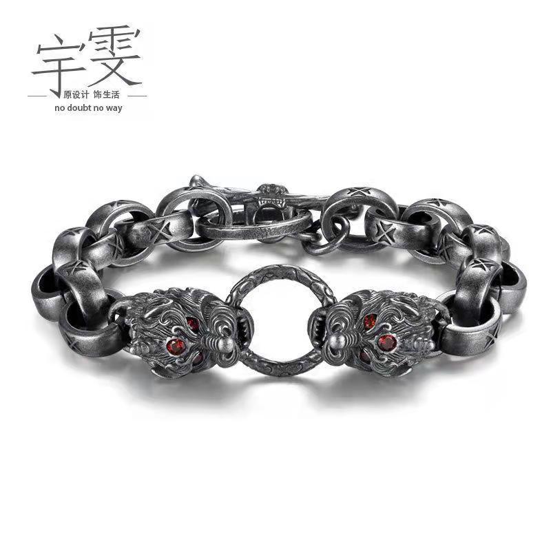 925 sterling silver palace double pixiu bracelet for male handmade retro personality domineering valentine&#39;s day gift for boyfri - Executive-Skincare