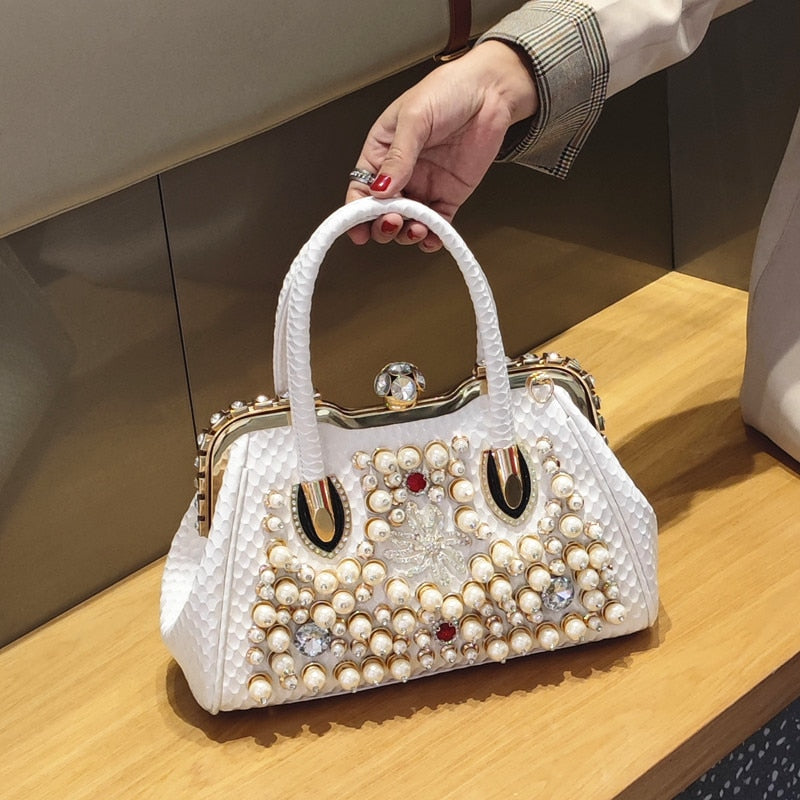 Luxury Fashion Brand Pearl Women&#39;s Handbag 2022 New Leather Diamond Shoudler Crossbody Evening Bag Portable Rhinestone Lock Bags - Executive-Skincare