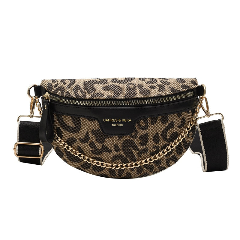 New Fashion Leopard Women Waist Bag Female Phone Purses Ladies Chest Wide Strap Crossbody Shoulder Bags Small Chain Fanny Packs - Executive-Skincare