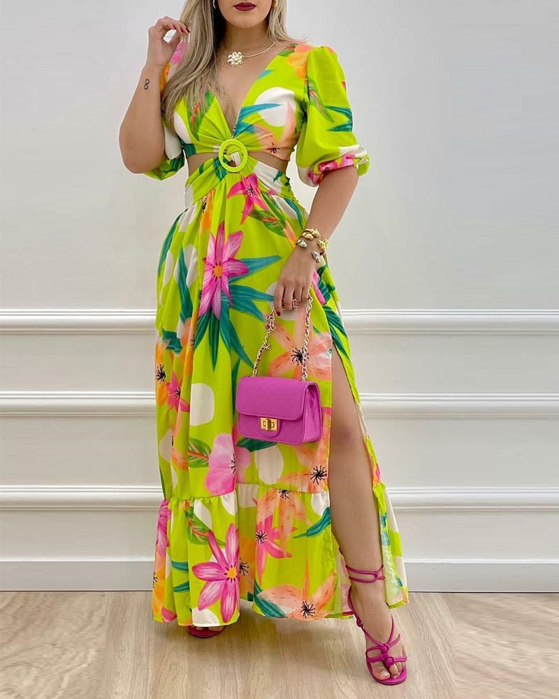 2022 Spring Women Long Sleeved Cutout V-Neck Twist Summer Elegant Tie Dyed Floral Printed Lantern Sleeve Split Thigh Maxi Dress - Executive-Skincare